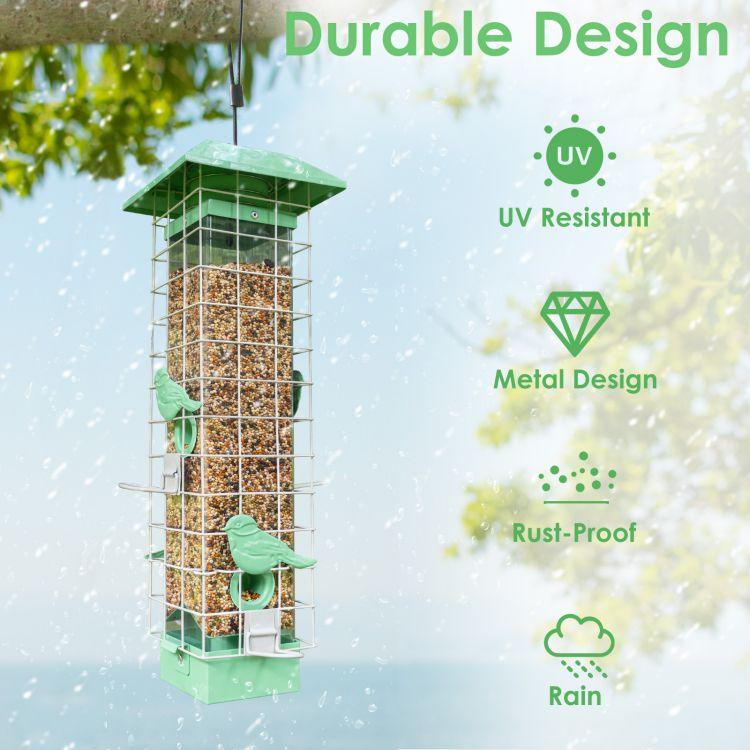 Birdkiss Metal Squirrel Proof Bird Feeder with 4 Weight-Activated Perches - 3LBs Large Seed Capacity & Pole Mount