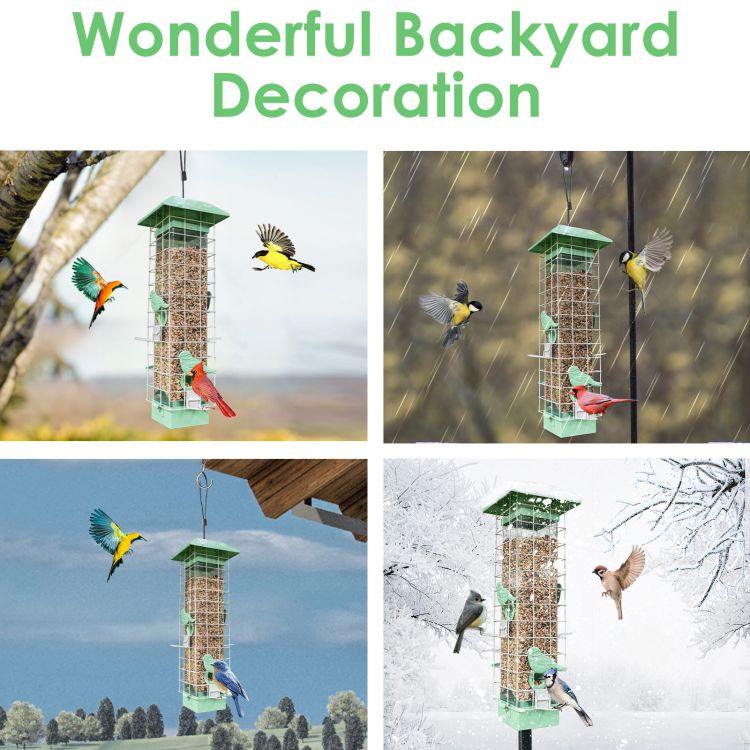 Birdkiss Metal Squirrel Proof Bird Feeder with 4 Weight-Activated Perches - 3LBs Large Seed Capacity & Pole Mount
